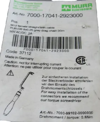 NEW MURR ELEKTRONIK 7000-17041-2923000 M12 FEMALE STRAIGHT W/CABLE