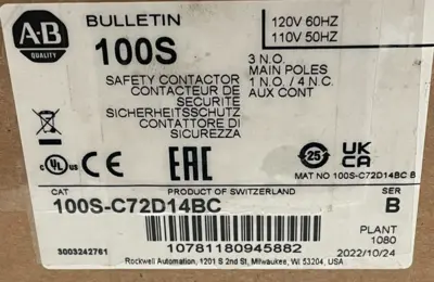 ALLEN BRADLEY 100S-C72D14BC CONTACTOR 110-12V 50/60HZ 100SC72D14BC NEW, SURPLUS
