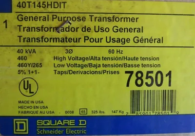 NEW SQUARE D 40T145HDIT TRANSFORMER 460V 460Y/265 40KVA 78501