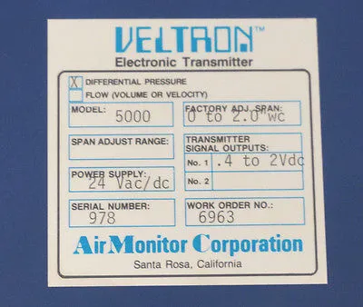 NEW AIR MONITOR CORP. VELTRON MODEL: 5000 DIFFERENTIAL PRESSURE TRANSMITTER