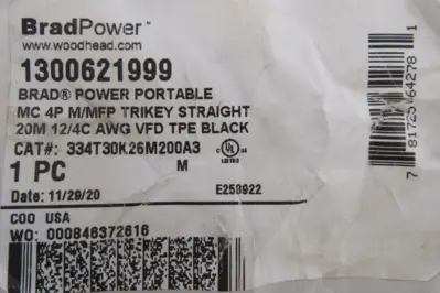 NEW WOODHEAD 1300621999 POWER CABLE 334T30K26M200A3 4P 20M 12/4C