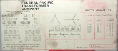 USED FEDERAL PACIFIC TRANSFORMER COMPANY HIGH VOLTAGE GENERAL PURPOSE
