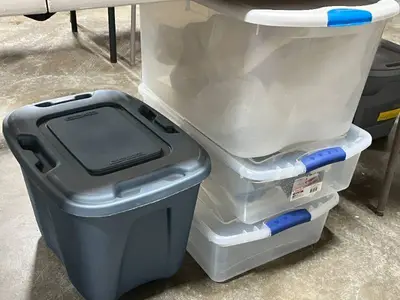 Set of 3 Clear Sterilite Storage Totes and 1 Blue Rubbermaid Tote