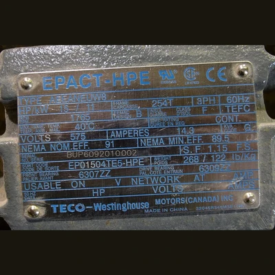Teco Westinghouse 15 HP Motor
