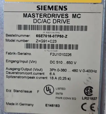 Siemens 6SE7016-0TP50-Z Z=G91+C23 AC/DC drive (BIN363)