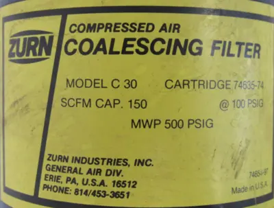NEW ZURN C30 COALESCING FILTER