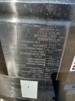 Tank, 181 Gallon, 316L Stainless Steel, Full Vacuum, Jacketed, Agitated, 32 PSI, #5991496