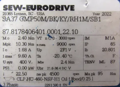 NEW SEW EURODRIVE SA37 CMP50M/BK/KY/RH1M/SB1 GEARMOTOR 22.50
