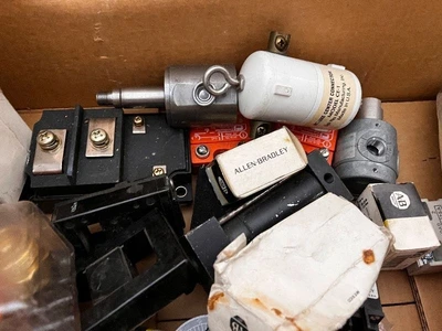 Box of Industrial Electrical Parts and Controls Including Allen-Bradley, Relays, Adapters, and Connectors
