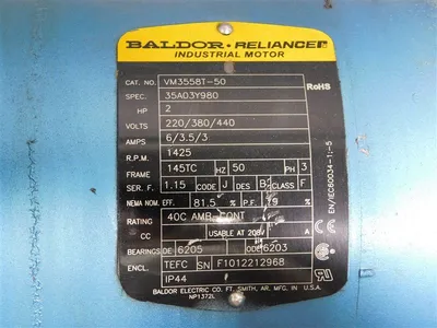 2 HP Baldor Reliance VM3558T-50 Industrial Motor 1425 RPM Spec 35A03Y980 Used