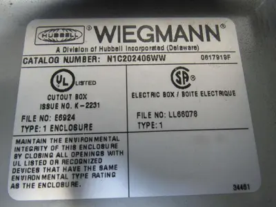 Wiegmann N1C202406WW 20x24x6" Type 1 Electrical Enclosure