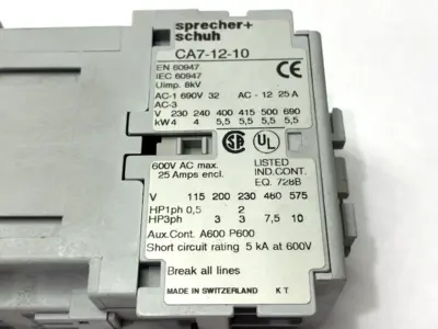 USED SPRECHER+SCHUH IEC CONTACTOR 3-POLE 12A 600VAC