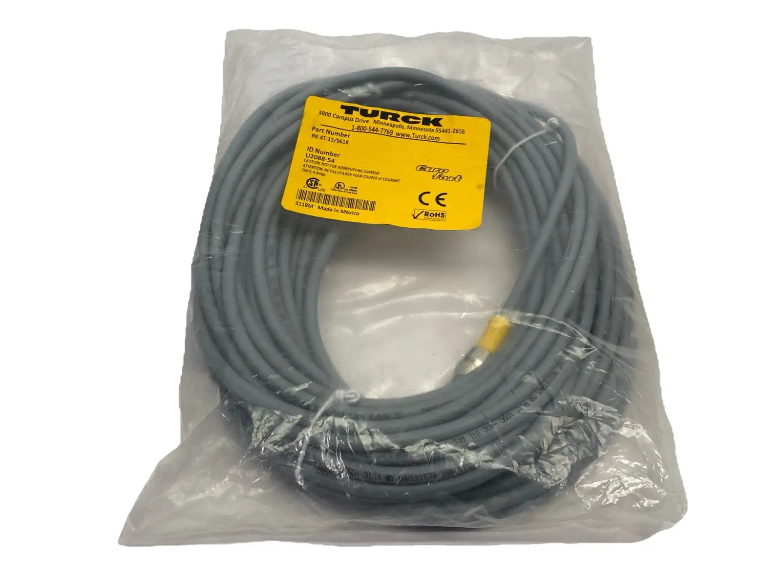 RK 4T-15/S618, U2088-54 | Turck RK 4T-15/S618 Actuator Sensor Cordset Female M12 4-Pin U2088-54 - New