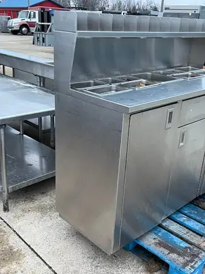 Used Falcon Restaurant Supply Used 60" Stainless Steel Condiment Station Cabinet with Trash Can Compartment - SS203 Restaurant Equipment (Miscellaneous) Illinois US | Falcon Restaurant Supply #1376235