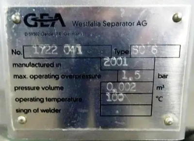 Westfalia CSC 6-06-076 hydro-hermetic clarifier skid, 316L SS.