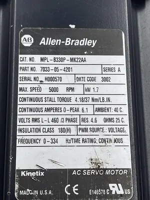 Used ALLEN-BRADLEY ALLEN-BRADLEY MPL-B330P-MK22AA SER A, MICRON DT090-010-0-RM090-39-32-113349-6924 Servo Motors | ND Industrial Surplus #1216167