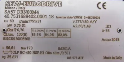 NEW SEW EURODRIVE SA57 DRN80M4 GEARMOTOR 56.61 277/480V SA57DRN80M4
