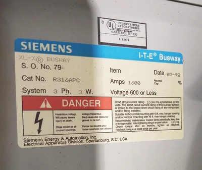 🔥 (1 PCS) I-T-E Siemens R316APG, 120", 1600 Amp, 600 Volt, 3PH3W, XL-X Busway