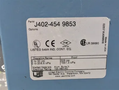 United Electric J402-454 9853 Pressure Switch 0-30 PSI New NIB