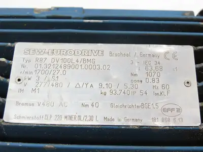 Sew Eurodrive R87 DV100L4/BMG Inline Gearmotor 3kw 277/480V 63.68:1 Ratio 27rpm