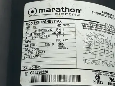 USED MARATHON AC MOTOR 1-PHASE 1/3HP 1725/1425RPM