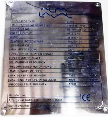 Alfa-Laval S-815 fuel/lube oil purifier, 316SS.