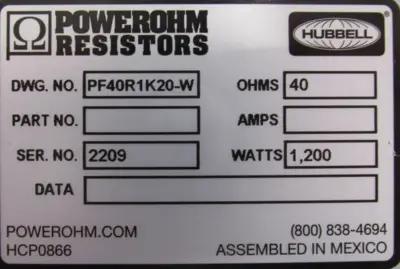 NEW HUBBELL PF40R1K20-W BRAKING RESISTOR 40OHMS 1200W HCPPF40R1K20-W