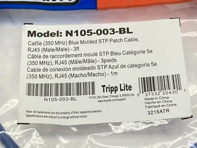 NEW EATON TRIPP LITE CAT5E BLUE MOLDED STP PATCH CABLE RJ45 3FT LOT OF 2