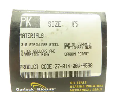 Garlock Klozure 27-014-00V-A598 .875" PK Mechanical Seal 7/8" Shaft
