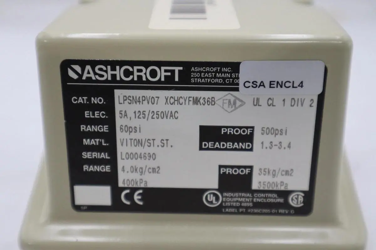 ASHCROFT LPSN4PV07 XCHCYFMK36B Pressure Switch 15psi 5A STOCK H1149
