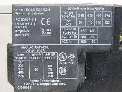 Eaton Cutler Hammer E101E20R3A FVNR E-Frame 200A Starter 63-200A 24VDC Control