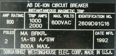 NEW WESTINGHOUSE 2606D91G16 CIRCUIT BREAKER 800A 2P 600VAC TYPE MA 2800