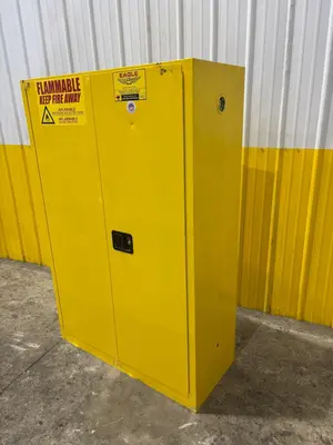 45 GALLON X 2 DOOR EAGLE FLAMMABLE MATERIALS MODEL #4510X STORAGE CABINET, 43” X 18” X 65” HIGH: YOBRO  #24507