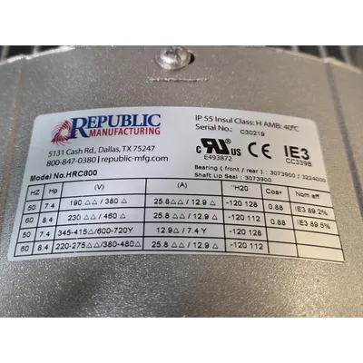 New | in-Stock REPUBLIC MANUFACTURING HRC800 Blowers West Virginia US | JM Industrial #1332432
