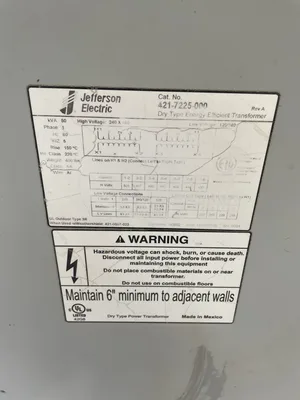 Jefferson Electric 421-7225-000 50 KVA Transformer 1 Phase Step Down