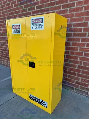 USED JUSTRITE 45 GALLON FLAMMABLE LIQUID STORAGE CABINET W/ SOFT CLOSE DOORS, KEY