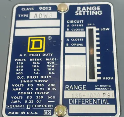 NEW SQUARE D 9012-ADW-3 PRESSURE SWITCH 9012ADW3