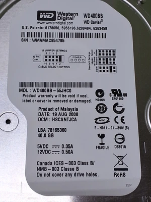 WESTERN DIGITAL WD400BB-55JHC0 HARD DRIVE