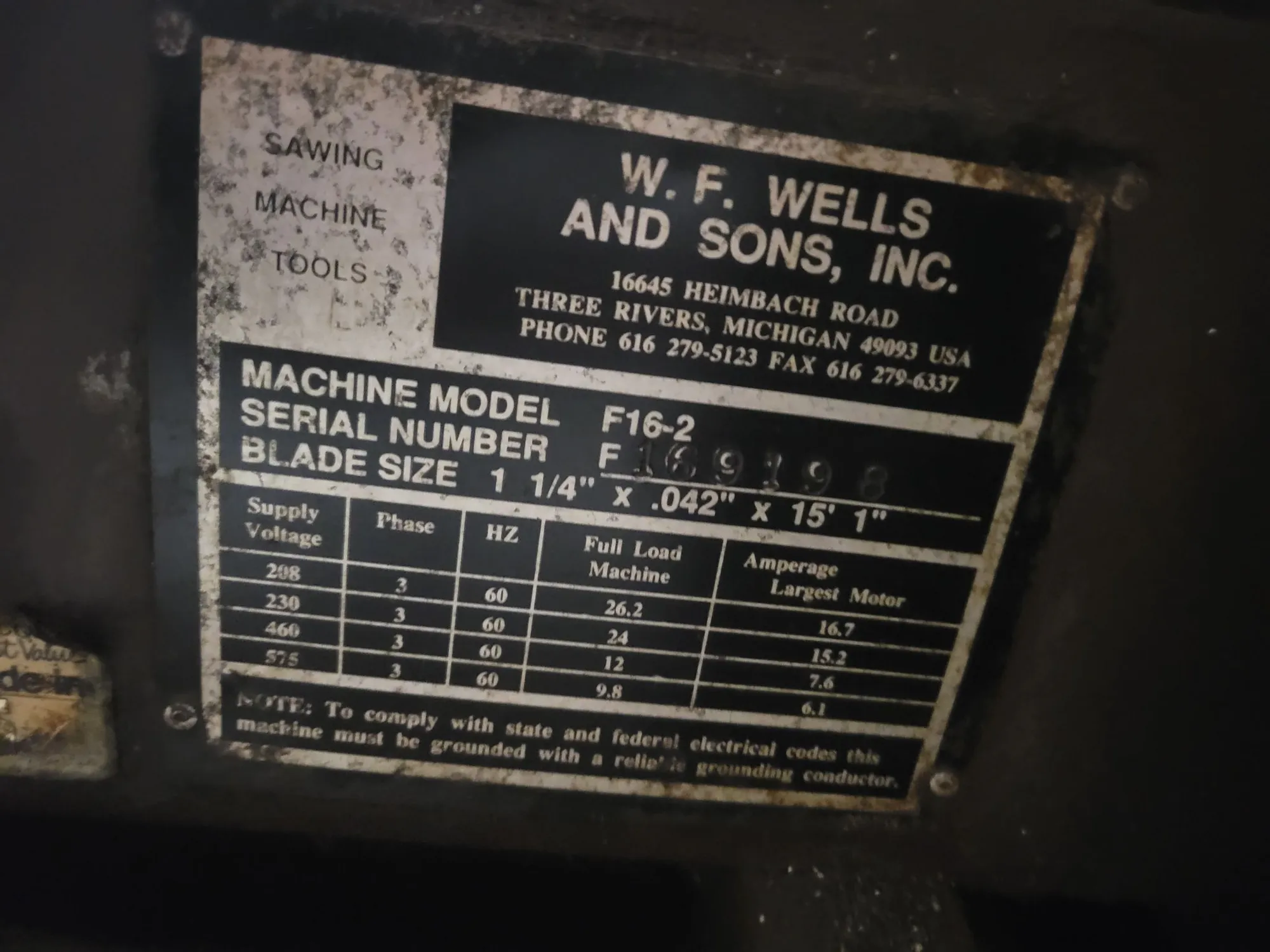 Used 1998 W.F.WELLS F 16-2 Horizontal Band Saws Illinois US | Myers Technology Co., LLC #1364430
