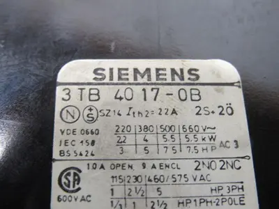 Siemens 3TB4017-0B Contactor 24VDC Coil
