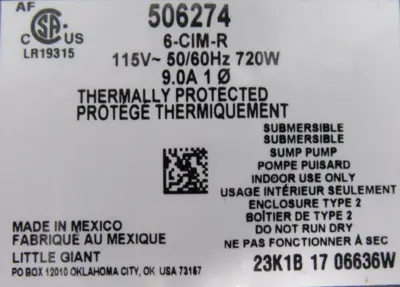 NEW LITTLE GIANT 506274 SUBMERSIBLE PUMP 115V