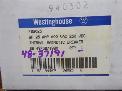 Westinghouse FB2025 2 Pole Circuit Breaker 25 Amps 600VAC New NIB