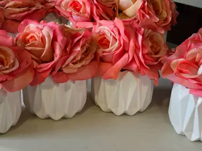 Lot of (6) Silk Faux Rose Boquet Arrangement in White Ceramic Vase (pink)