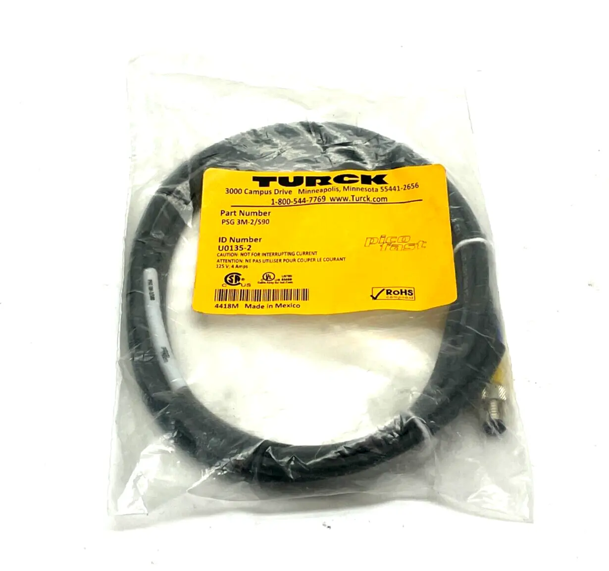 NEW TURCK PICOFAST SINGLE ENDED CORDSET M8 MALE 2M LENGTH U0135-2