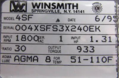 NEW WINSMITH 4SF GEAR REDUCER 30:1 004XSFS3X240EK
