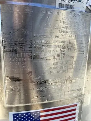 Tank, 80 Gallon (300 Liters), 316L Stainless Steel, Jacketed, 45 PSI Internal #5991214