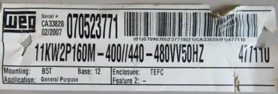 NEW WEG 070523771 MOTOR 11KW2P160M-400/440-480VV50HZ 160M-2 477110 B5T