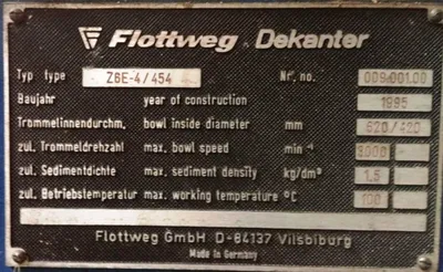 Flottweg Z6E-4/454 (24 x 98) decanter centrifuge, 316SS.