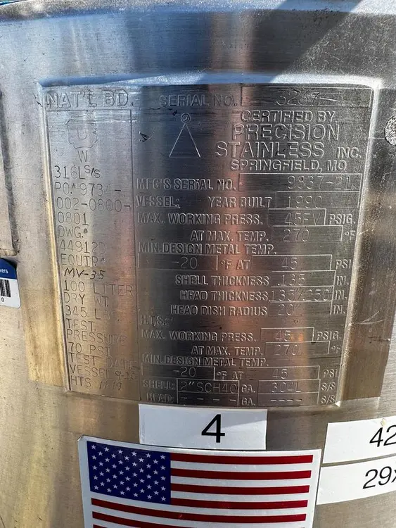Used 1990 PRECISION STAINLESS MV-35 Stainless Steel Tanks California US | Machinery & Equipment #170819