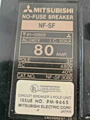 Mitsubishi Electric No-Fuse Breaker NF-SF Circuit 80 Amp NF-SF3080 3 Pole 480V